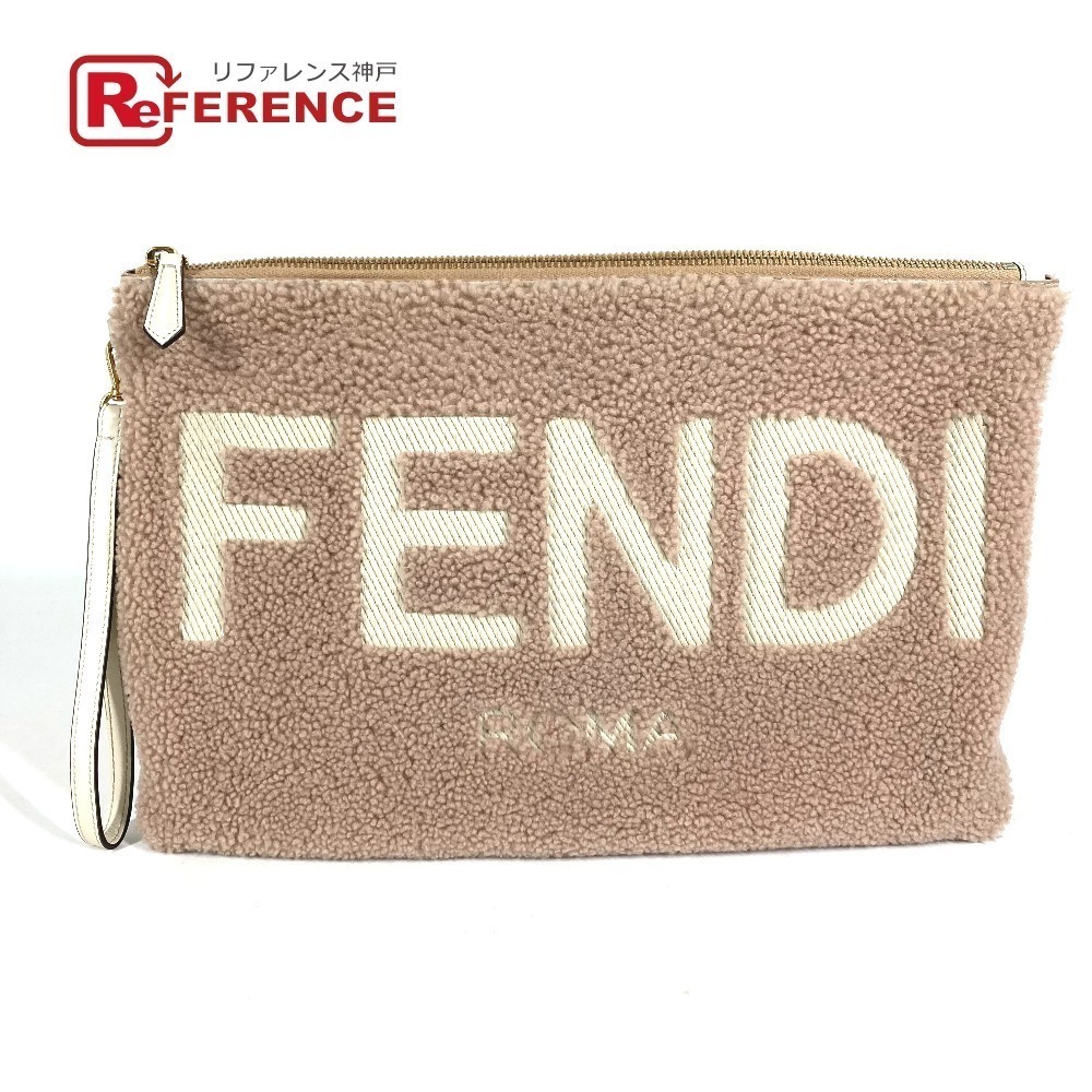 FENDI Shearling Fur Bag Shoulder Clutch Pink Beige